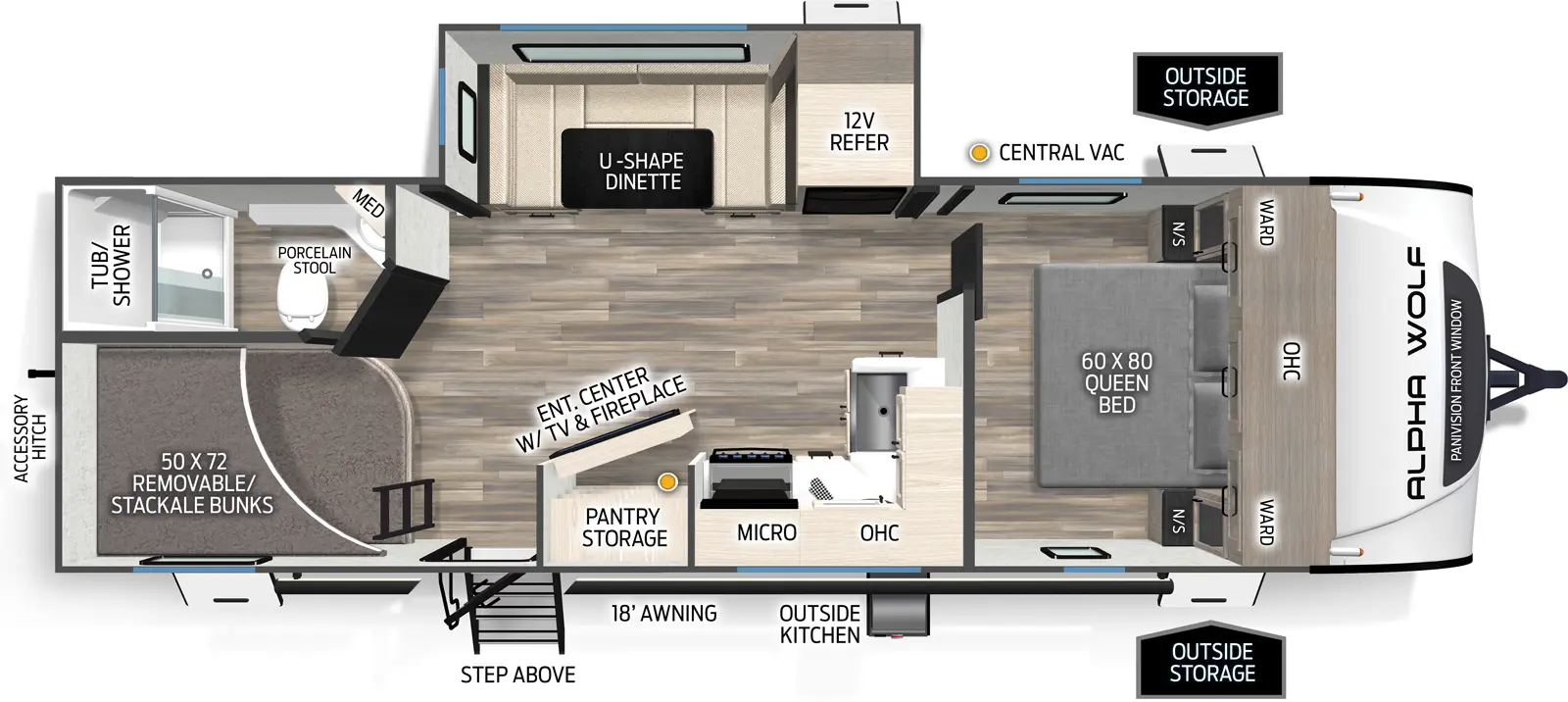 The Alpha Wolf 24TRUNK floorplan has one entry and one slide out. Exterior features include: fiberglass exterior, 18' awning and outside kitchen. Interiors features include: bunk beds, u-dinette and front bedroom.